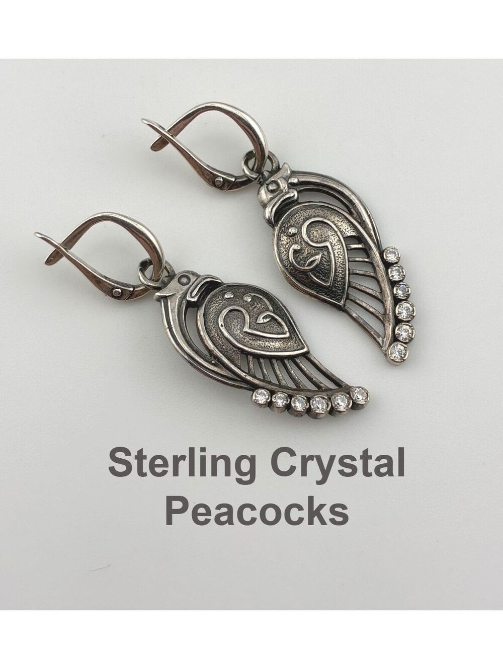 Vintage 2003 Russian Sterling Silver Peacock Earrings w Fianit Crystal Accents